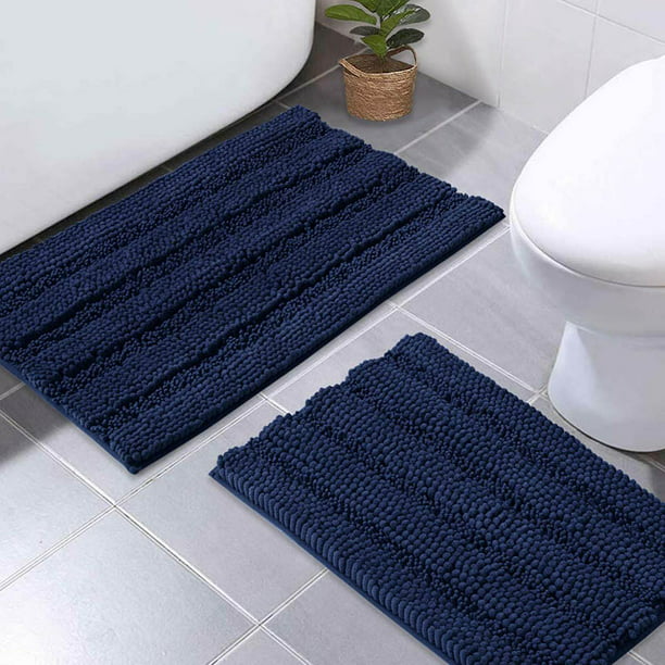 Details about  / 2 Piece Bathroom Rug Set Mat Bath Non Slip Toilet Soft Fluffy White Navy Blue